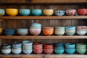 Assortment of colorful ceramic bowls on shelves