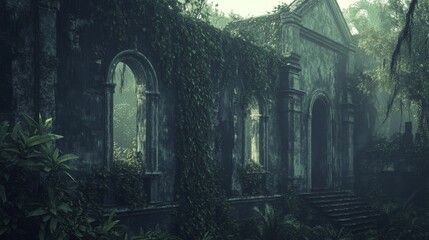 Overgrown Ruins Surrounded by Tropical Vegetation