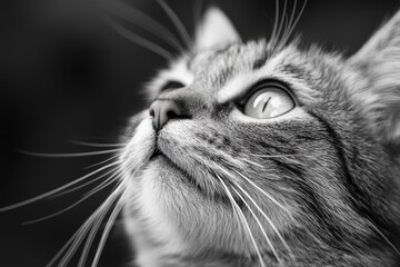 Grayscale close-up of a cat looking up