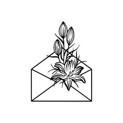 Minimalist black envelope silhouette containing floral elements, a stylish vector for creative design projects