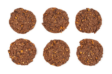 Chocolate oatmeal cookies, healthy cereal oat crackers with nuts, crispy homemade cookie with cocoa powder