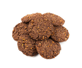 Chocolate oatmeal cookies, healthy cereal oat crackers with nuts, crispy homemade cookie with cocoa powder