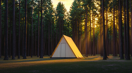 frame tent nestled among tall trees sunbeams illuminate scene