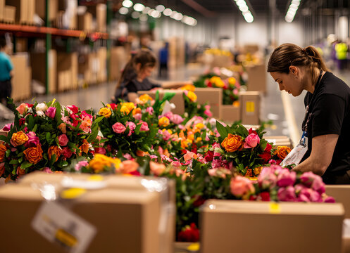 Workers arrange colorful flower bouquets in a warehouse, preparing them for shipping. The scene is vibrant and busy, showcasing the floral industry.

