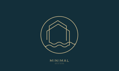 A line art icon logo of a wave with a house, island house	
