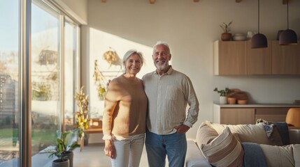 Fototapeta premium A cheerful couple stands in their stylish new home, surrounded by large windows letting in ample sunlight. They show joy and satisfaction in their living room filled with modern decor and greenery.