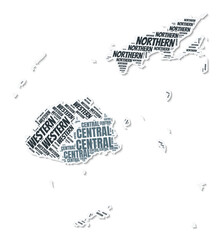 Fiji shape text cloud. Country border with shadow on white background. Fiji with regions division in vintage gazette style. Trending vector illustration.