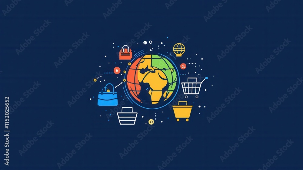 Poster global e-commerce network, flat design of a globe showcasing interconnected shopping carts and produ