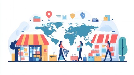 Naklejka premium Global Marketplace Dynamics, vibrant flat design illustrating international digital transactions, shopping experiences, seamless payments, efficient deliveries.