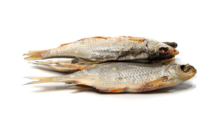 Dry roach, salted fish isolated, dried rutilus, taranka beer snack, whole salted and dried fish, prepared seafood