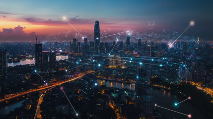 Obraz premium Smart digital city with connection cyber security network reciprocity over the cityscape . future smart wireless digital city and social media networking systems that connects people within the city