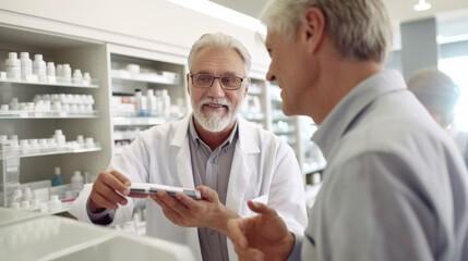 Obraz premium photograph of A pharmacist handing a small paper bag of medicine to a customer at the pharmacy counter, both with friendly expressions