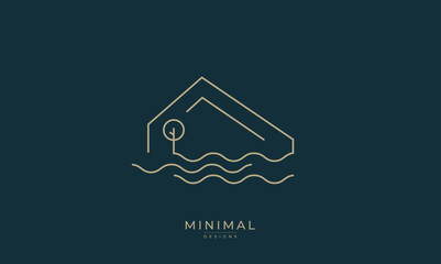 A line art icon logo of a wave with a house, island house	

