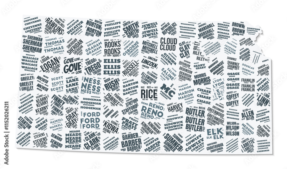 Poster kansas shape text cloud. state border with shadow on white background. kansas with counties division