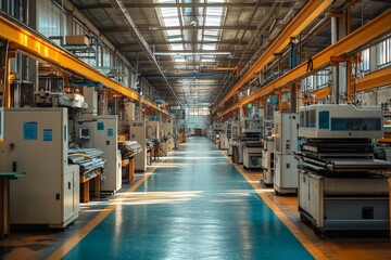 Wide industrial corridor with detailed machinery and metallic walls