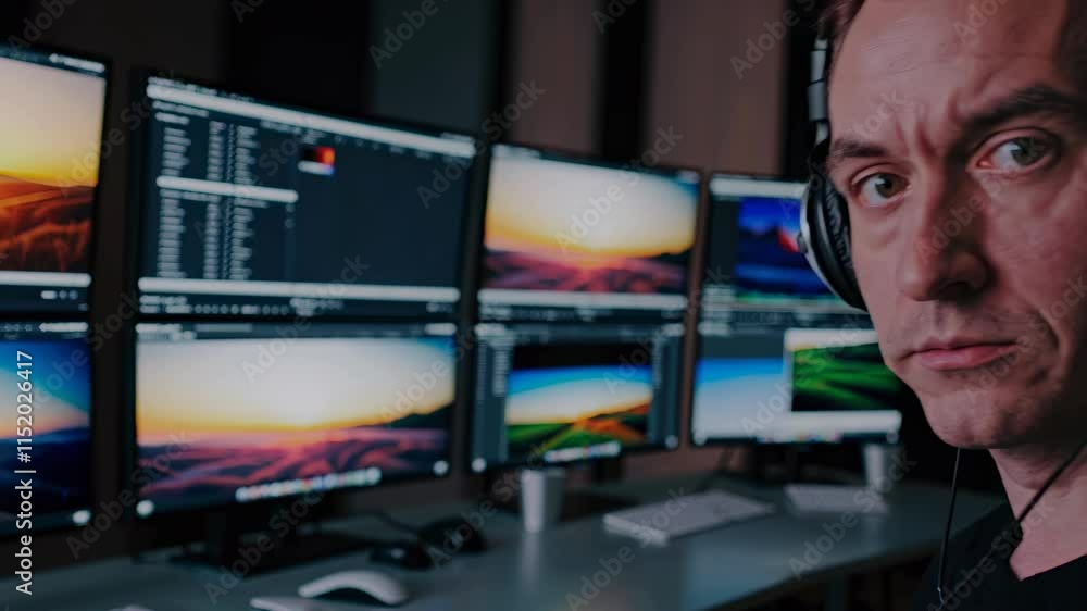 Poster Exploring digital editing processes in a modern workspace with multiple monitors at sunset