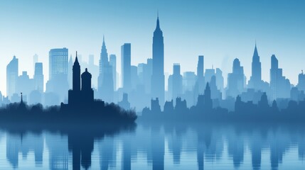 Fototapeta premium Serene Cityscape Silhouette Against Blue Sky