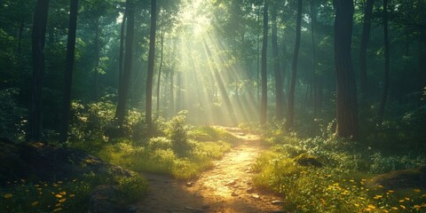 Obraz premium Forest clearing with sunlight streaming through the trees