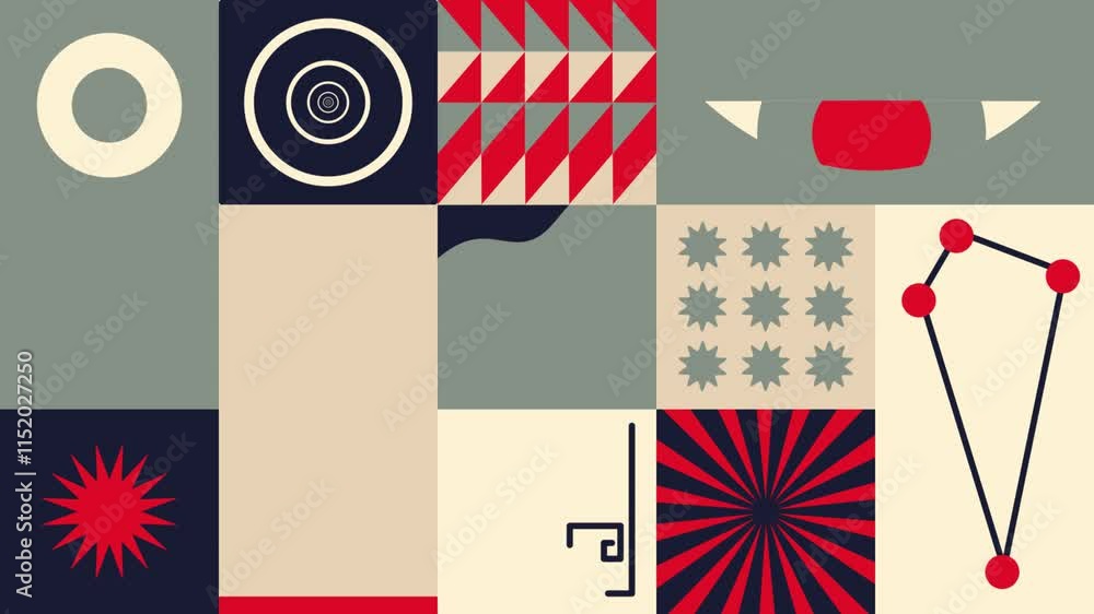 Poster an abstract composition made up of various geometric shapes in color, presented as a motion graphic 