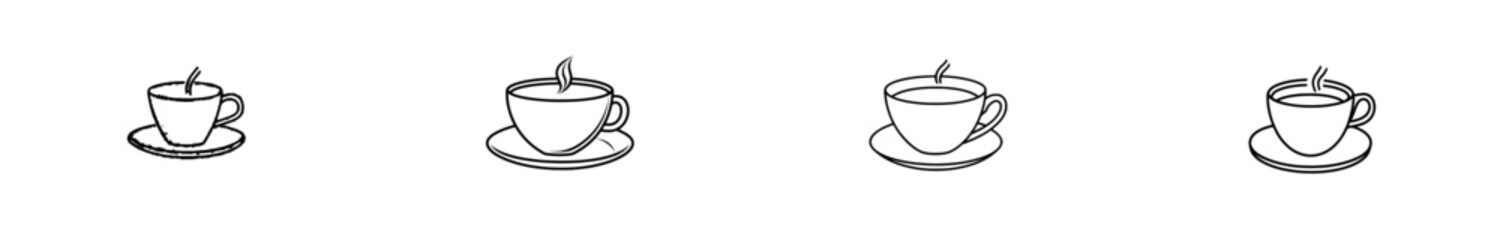 A hand-drawn, modern engraving-style illustration of a coffee cup on a saucer with a spoon.