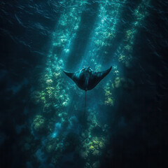 Obraz premium Majestic Eagle Ray Gliding Through Tranquil Ocean Waters Illuminated by Sunlight with Vibrant Coral Reef Below, Capturing the Essence of Marine Life and Underwater Beauty