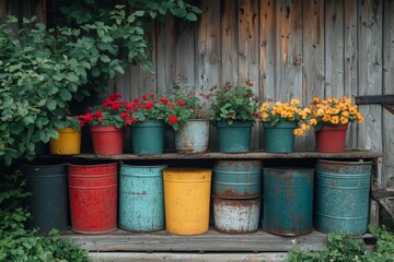 Colorful barrels arranged outside a rustic building