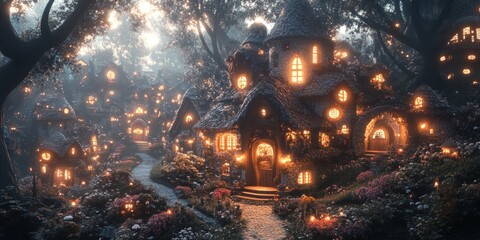 Magical glowing lights in a dark forest