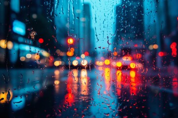 Obraz premium Blurred city lights reflecting on a wet street at night