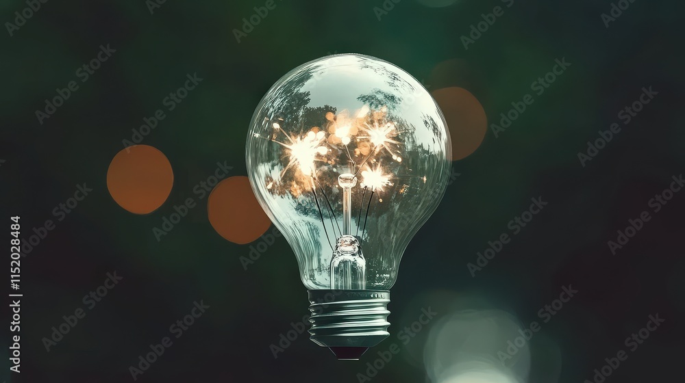 Poster glowing light bulb with sparkling elements and green background