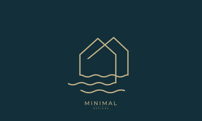 A line art icon logo of a wave with a house, island house	
