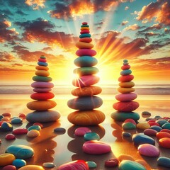 Obraz premium Colorful stones stacked on beach at sunrise with golden sky. Perfect for meditation, relaxation, tranquility, wellness designs. Mindfulness, life balance concept 