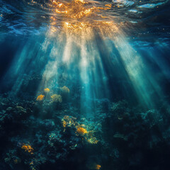 Obraz premium Radiant Sunlight Filtering Through Ocean Water, Illuminating Vibrant Coral and Marine Life in a Serene Underwater Landscape