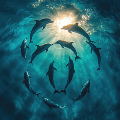 A Spectacular Underwater Scene of Dolphins Swimming Gracefully in a Bright Sunlit Circle Beneath Clear Blue Ocean Waters with Glowing Sunbeams