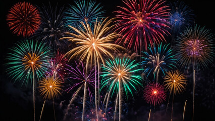 Fototapeta premium Beautiful color fireworks display on black sky at night for celebration