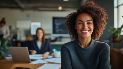 Collaborative Strategy Session, Professional woman engaged with reports, colleagues brainstorming strategies on digital platform, positive team dynamic