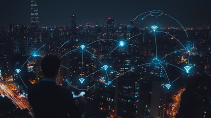 Obraz premium Smart digital city with connection cyber security network reciprocity over the cityscape . future smart wireless digital city and social media networking systems that connects people within the city
