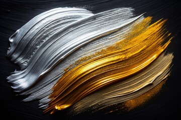 Abstract Gold Silver Paint Strokes on Black Canvas - Art