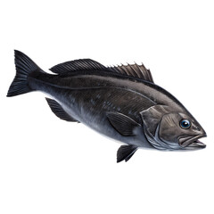 Obraz premium A deep black sablefish with smooth scales swimming, isolated on a transparent background