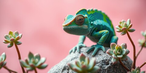 Obraz premium A Vibrant Green Chameleon Perched on a Rock Amongst Succulents Against a Soft Pink Background