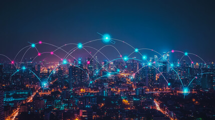 Fototapeta premium Smart digital city with connection cyber security network reciprocity over the cityscape . future smart wireless digital city and social media networking systems that connects people within the city