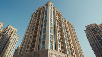 Fototapeta premium A modern residential building captured from a low angle under a clear blue sky.