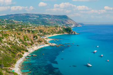 Fototapeta premium View of paradise Grotticelle Beach from Capo Vaticano Viewpoint - Beautiful landscape scenery near by Tropea, Calabria - Italy