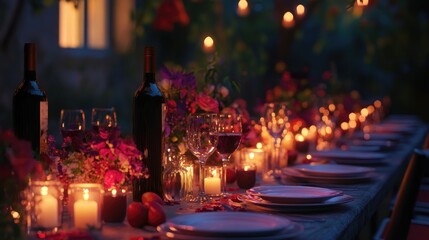 A long dinner table with vibrant flowers and candles glowing softly, complemented by clear plates and wine bottles for an elegant evening.