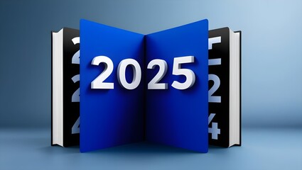 2025 Revealed Through Page-Turning Effect from 2024 on Blue Background
