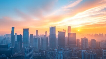 Fototapeta premium A vibrant city skyline at sunset, showcasing modern architecture against a colorful sky.