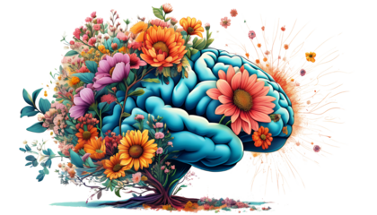 Blooming Mindscape: A vibrant illustration of a brain interwoven with flourishing flowers, representing creativity, growth, and mental well-being