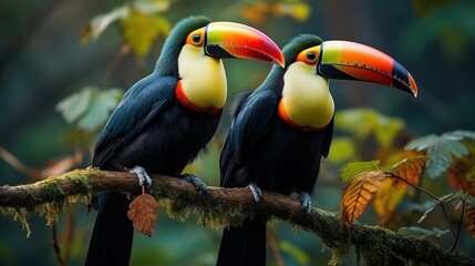 Fototapeta premium A Pair of Keel-billed Toucans Perched on a Mossy Branch in a Lush Rainforest