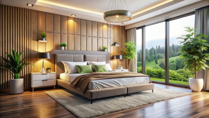 Naklejka premium Modern bedroom design: elegant bed frame, comfortable setup, cozy sleep space, stylish interior.