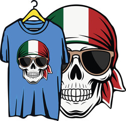 Mexico flag skull artwork for tshirt with glasses and bandana
