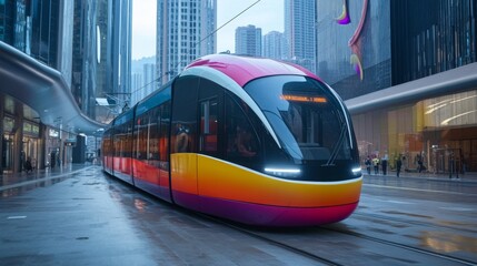 Obraz premium Vibrant Tram in a Picturesque Urban Cityscape